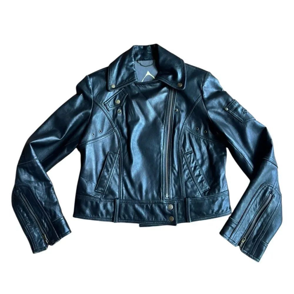 Guess Women's 100% Genuine Leather Black Moto Zip Up Jacket Size Large